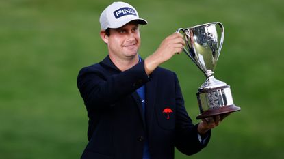 Harris English poses with the trophy after his win in the 2021 Travelers Championship