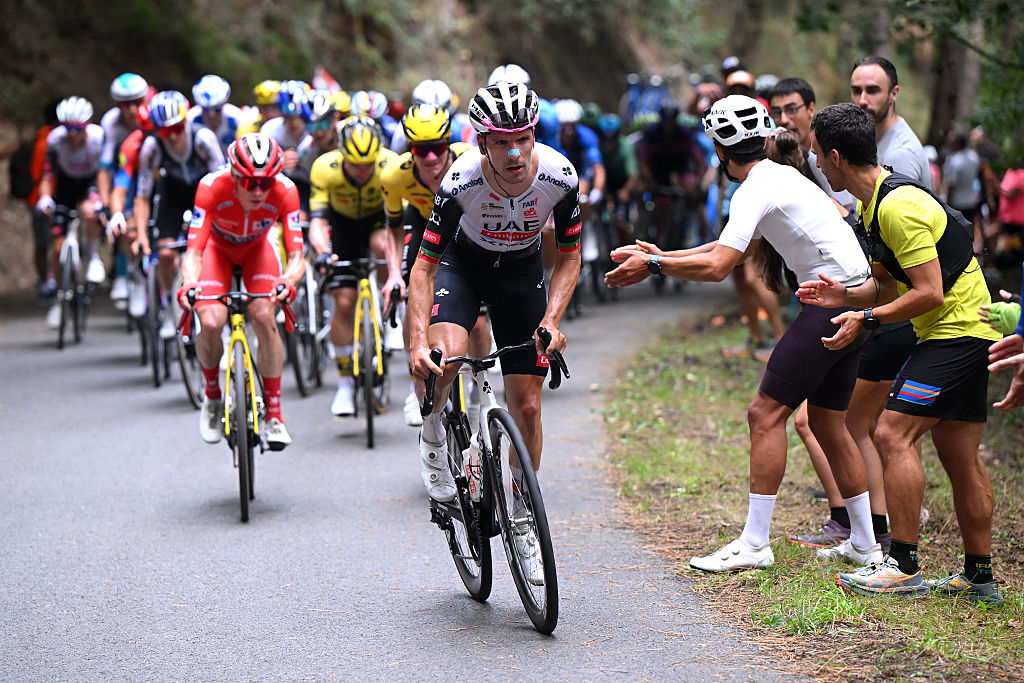 BILBAO, SPAIN - SEPTEMBER 03: Joao Almeida of Portugal and UAE Team Emirates - XRG leads the attack during the La Vuelta - 80th Tour of Spain 2025, Stage 11 a 157.4km stage from Bilbao to Bilbao / #UCIWT / on September 03, 2025 in Bilbao, Spain. (Photo by Dario Belingheri/Getty Images)
