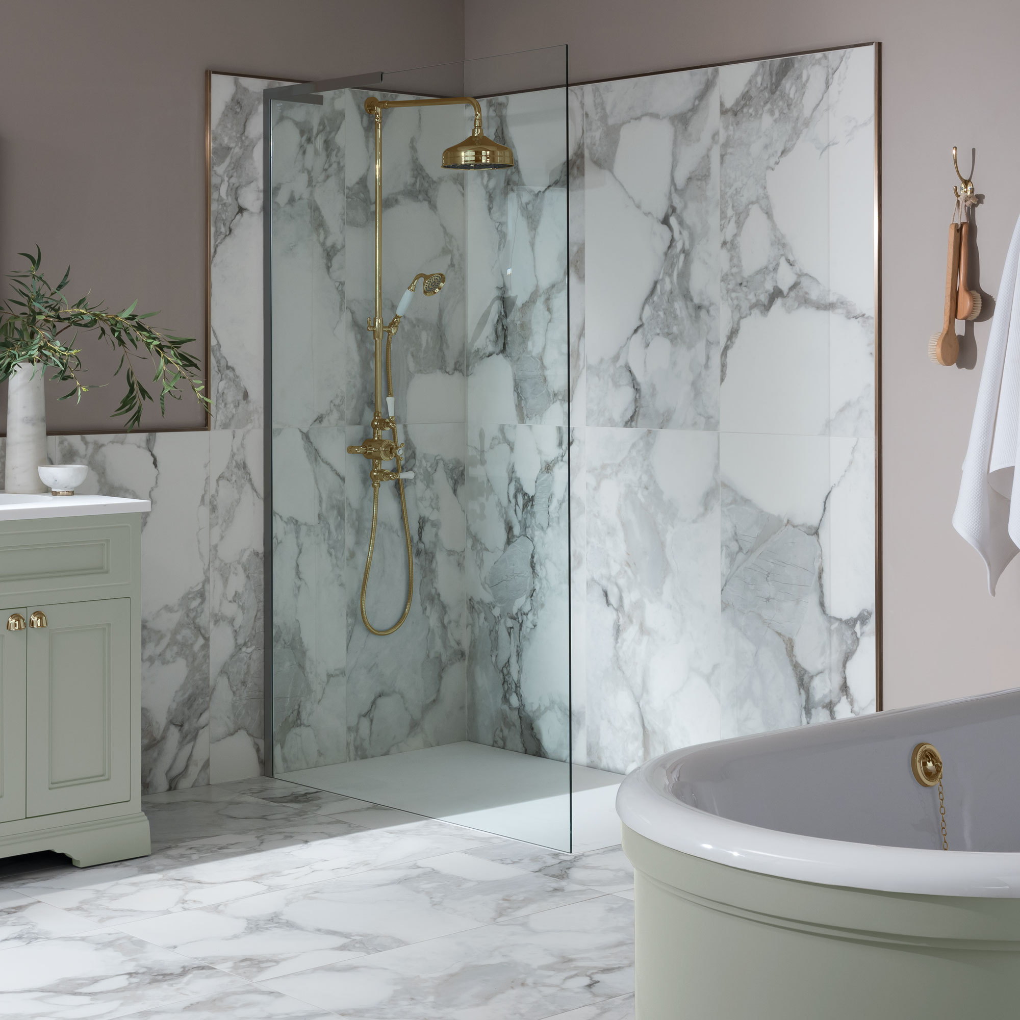 Marble effect tiles around a shower