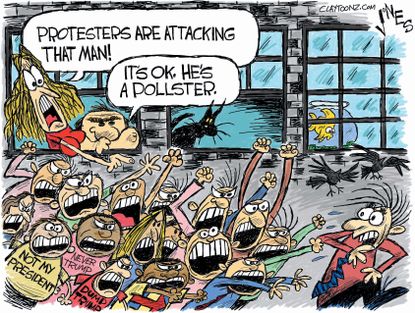 Political cartoon U.S. 2016 election Trump protestors pollster