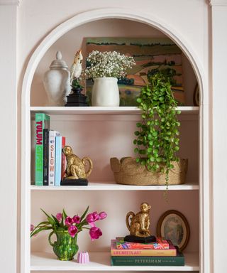 A light pink bookcase with books, plants, and decor in it