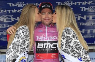 Cadel Evans on the podium after taking the overall lead on Stage 2 of the 2014 Tour of Trentino