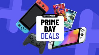Amazon Prime Day badge with Nintendo Switch consoles, games, and accessories on a blue background