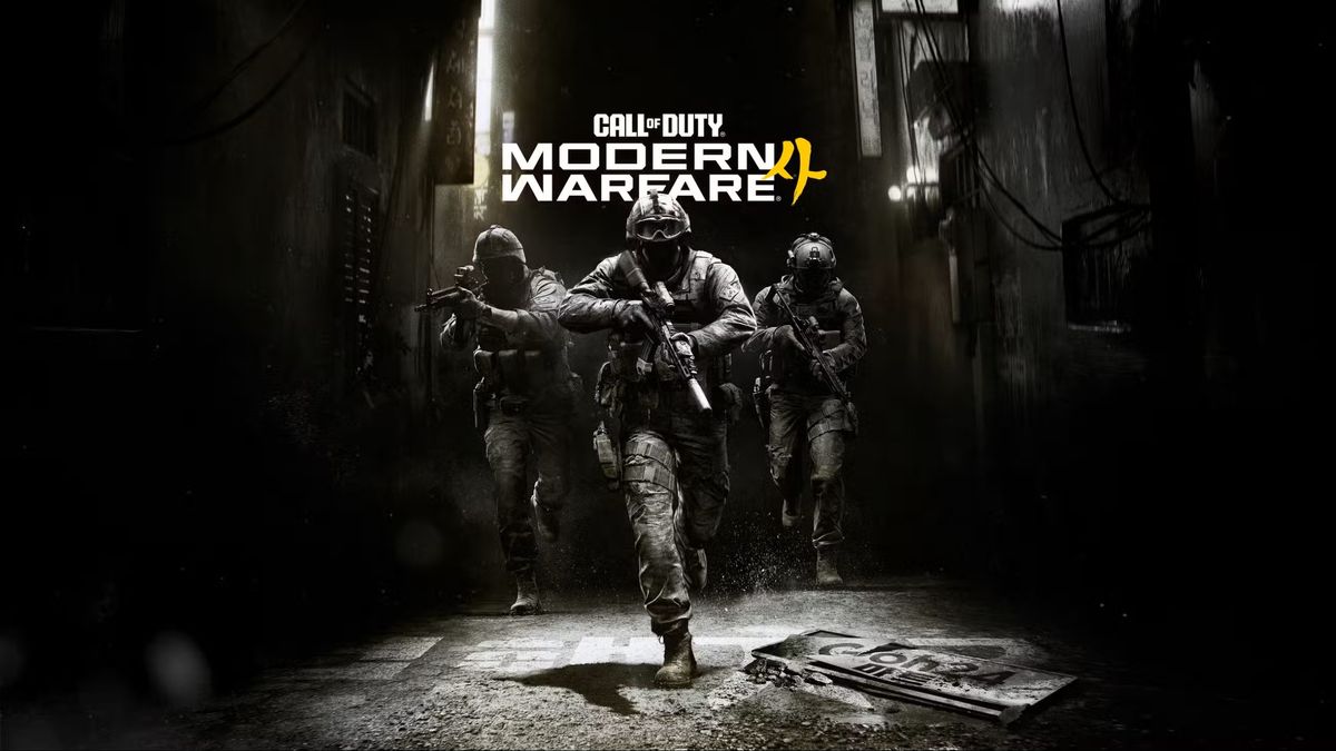 Key art for Call of Duty: Modern Warfare 4 showing the game's logo and three operators in an alleyway. 