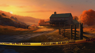 Blue Scarab game image of a cabin in a field surrounded by police tape at sundown