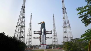 An Indian LVM3 rocket on the pad ahead of the planned Dec. 23, 2025 launch of the BlueBird 6 satellite for AST SpaceMobile.