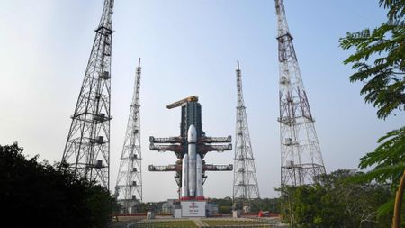 An Indian LVM3 rocket on the pad ahead of the planned Dec. 23, 2025 launch of the BlueBird 6 satellite for AST SpaceMobile.