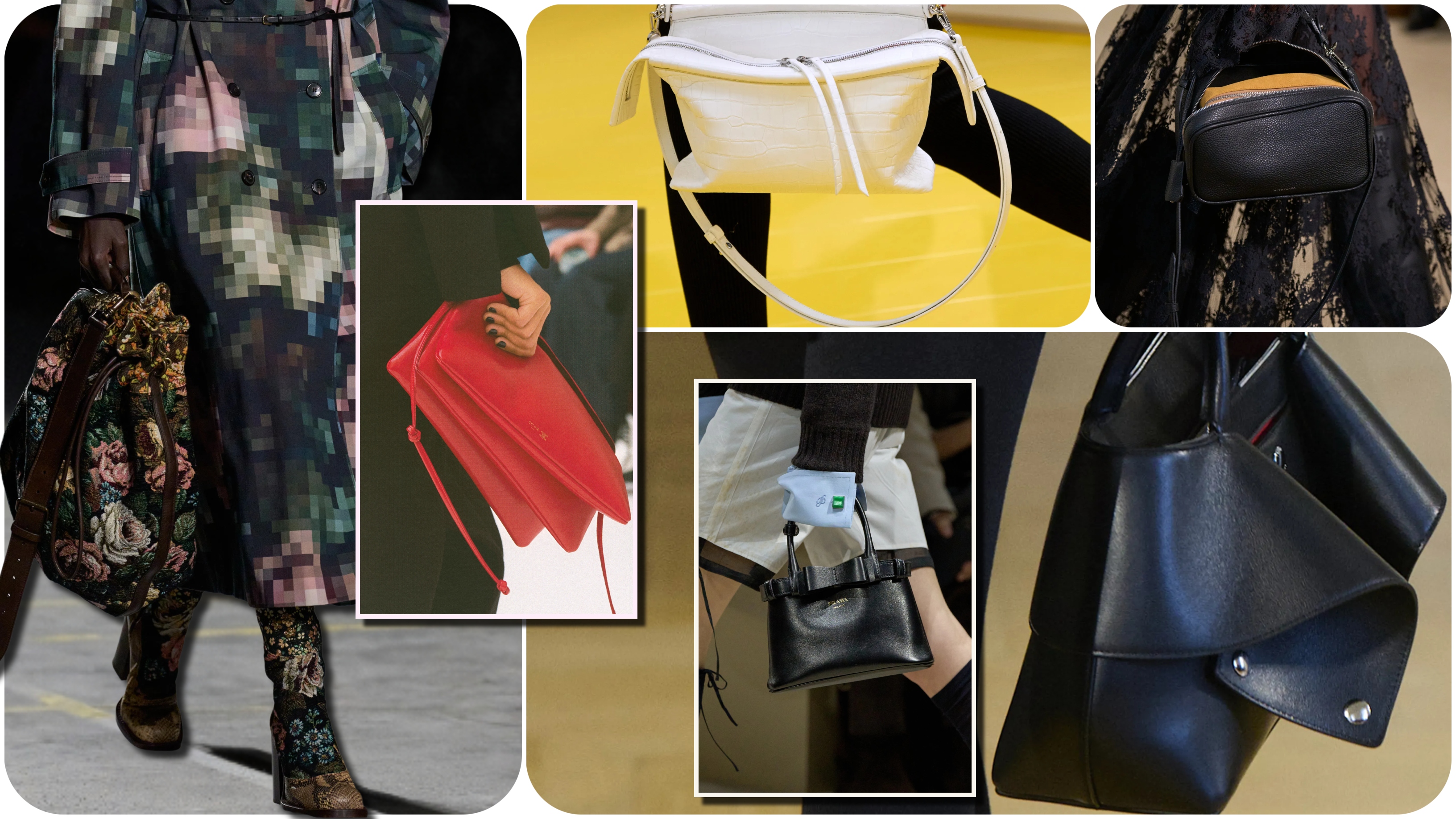 Fall 2026 bag trends including top-handle handbags, structured leather bags, exposed zippers, and hand-held silhouettes from the runway.