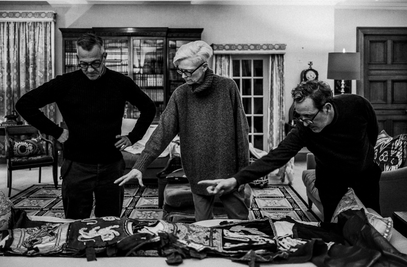Tilda Swinton with Olivier Saillard and Ga&amp;euml;l Mamine working on A Biographical Wardrobe performance, Scotland, 2024