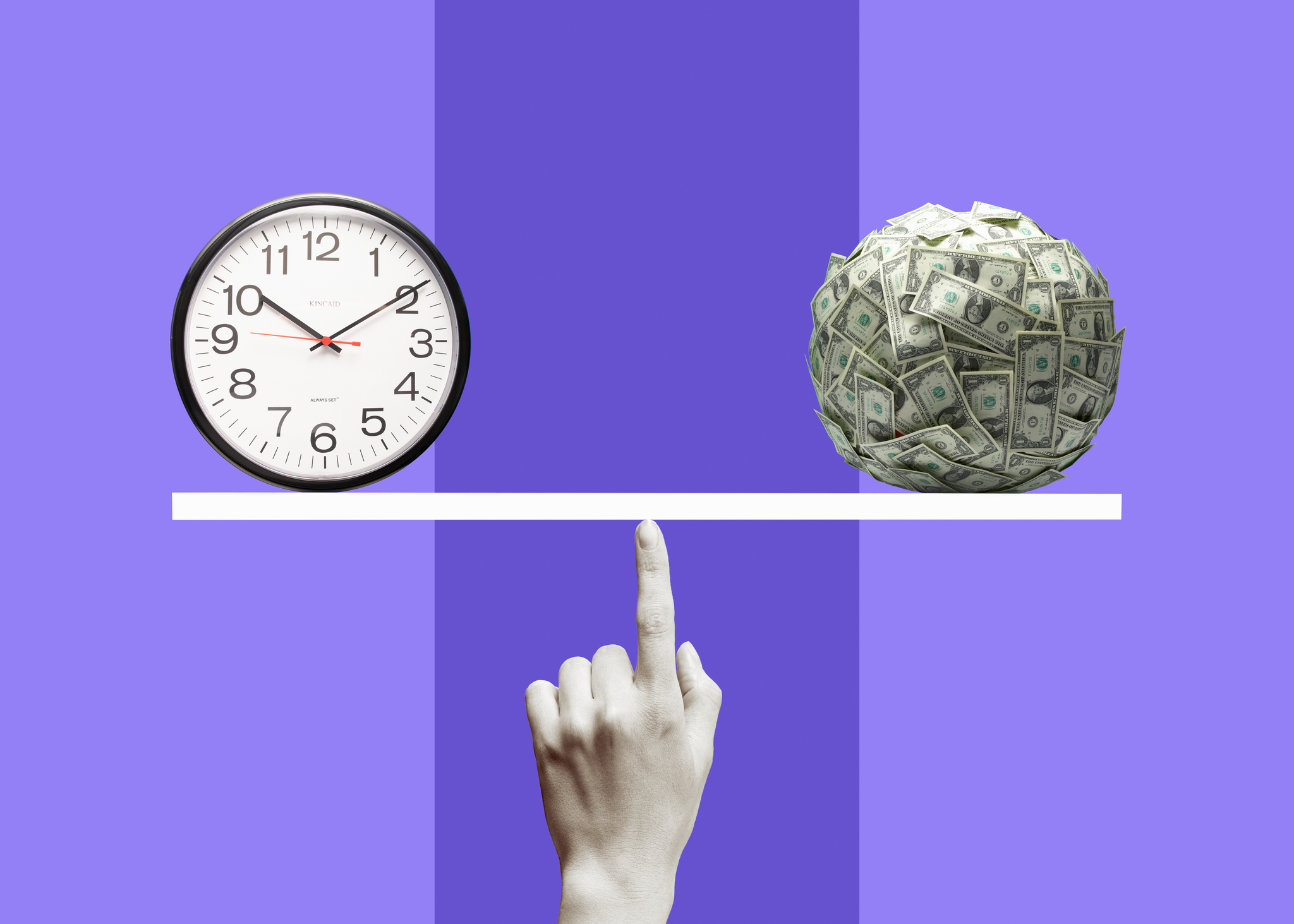 a finger balances a bar, on one side is a clock; on the other is a ball of cash