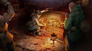 Dark and Darker concept art - a character opens a chest of gold loot while two others celebrate