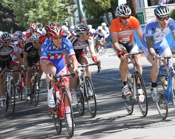 National Crit Champ, Daniel Holloway (Bissell) brings the field out on lap one.