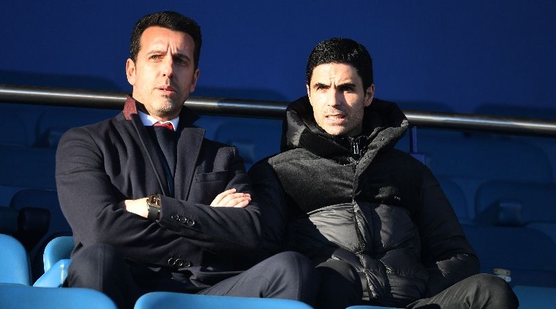 Arsenal technical director Edu and manager Mikel Arteta before a game at Everton in December 2019.