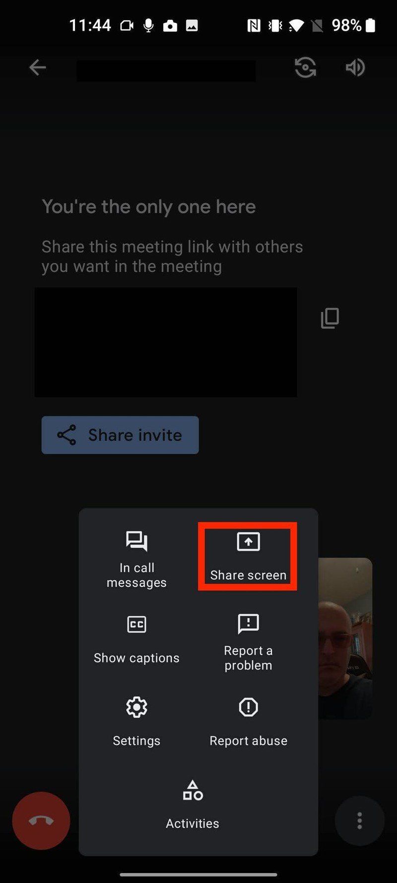 Select "Share screen" from the options. This will display the screen-sharing options.