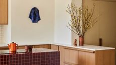 tiled kitchen countertop with timber cabinetry