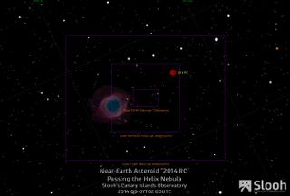 The online Slooh Community Observatory will track the near-Earth asteroid 2014 RC on Saturday, Sept. 6, one day ahead of the asteroid's closest approach to Earth on Sept. 7, 2014. The Helix nebula will also be in the field of view during the webcast as seen in this Slooh graphic.