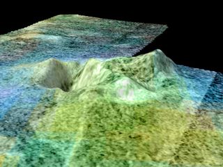 This topographic image shows an area of Saturn's moon Titan, known as Sotra Facula, which may harbor an ice volcano (cryovolcano). Finger-like flows suggest the presence of cryovolcanism. NASA's Cassini spacecraft collected data for this false-color image