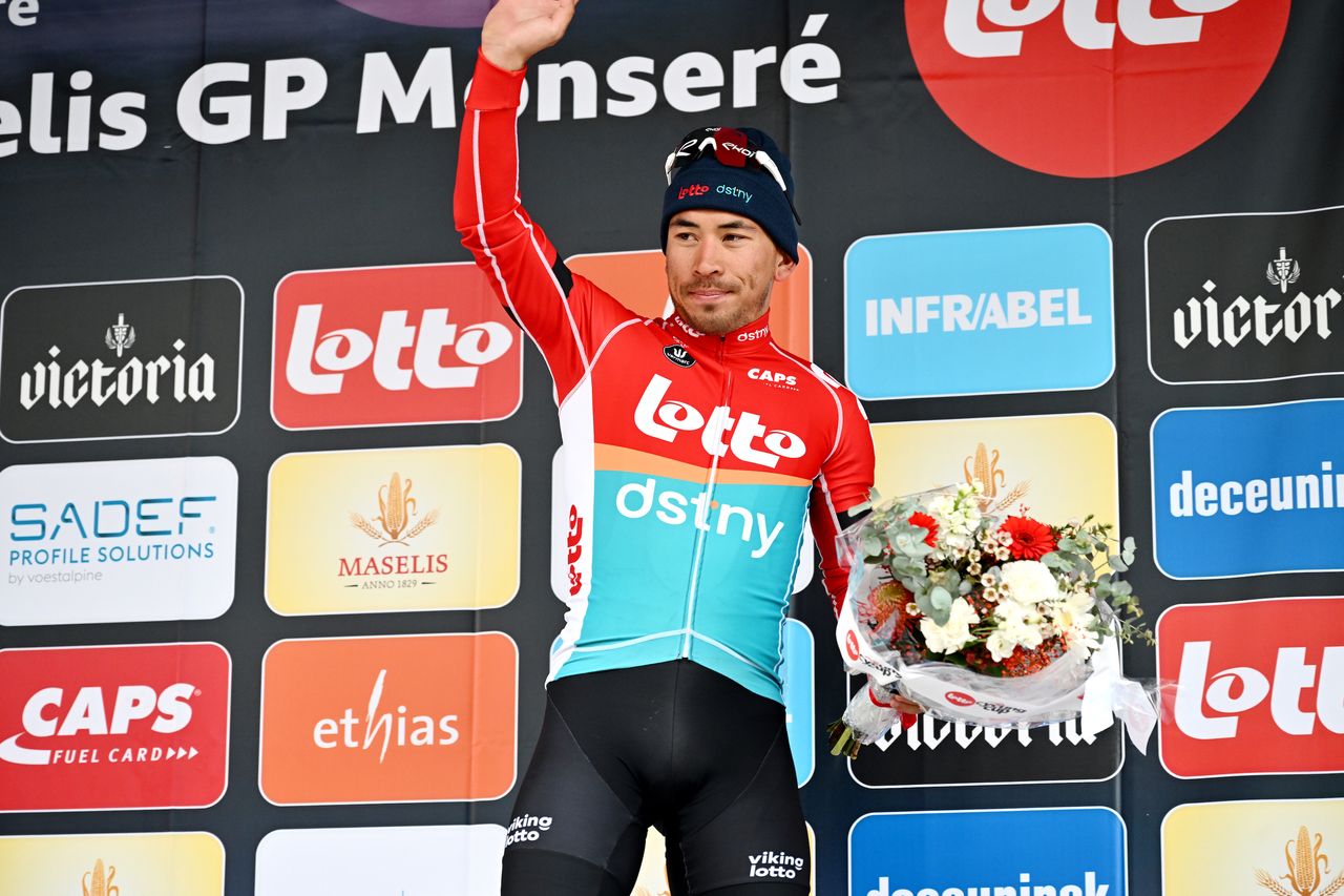 Caleb Ewan on the podium after finishing second at the Less than two weeks after Tim Merlier bested him by the narrowest of margins in the UAE Tour, Ewan takes second behind Gerben Thijssen at the GP Jean-Pierre Monseré