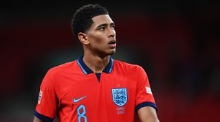 Liverpool-linked Borussia Dortmund midfielder Jude Bellingham during a match for England, close-up shot