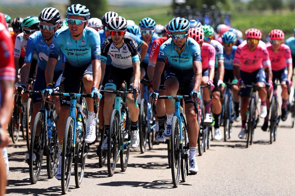 ARANDA DE DUERO SPAIN AUGUST 06 LR Jose Joaquin Rojas Gil of Spain and Movistar Team Luis Leon Sanchez Gil of Spain and Team Astana Premier Tech Mikel Nieve Ituralde of Spain and Team BikeExchange Gorka Izagirre Insausti of Spain and Team Astana Premier Tech during the 43rd Vuelta a Burgos 2021 Stage 4 a 149km stage from Roa to Aranda de Duero VueltaBurgos BurgosCycling CapitalMundialdelCiclismo on August 06 2021 in Aranda de Duero Spain Photo by Gonzalo Arroyo MorenoGetty Images