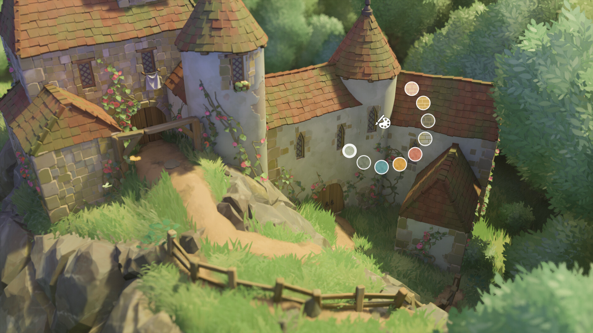 Tiny Glade - a small stone hamelt on a grassy hill with an open swatch selector for wall color