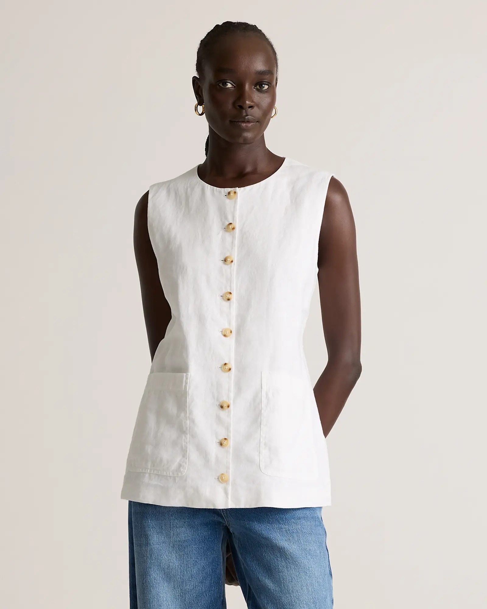 100% European Linen Longline Vest in White