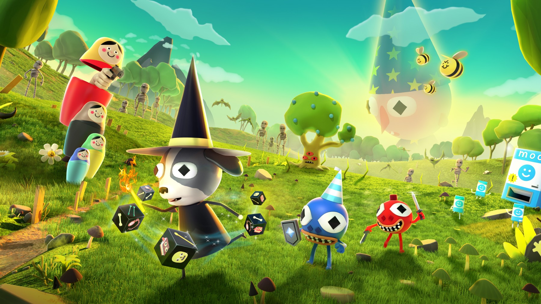 A dog running through a forest surrounded by enemies in Dog Witch.