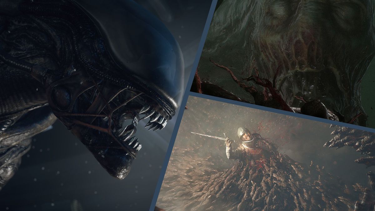 Spooky month hero image showing Alien: Isolation, Scorn, and A Plague Tale: Requiem.