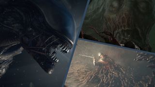 Spooky month hero image showing Alien: Isolation, Scorn, and A Plague Tale: Requiem. 