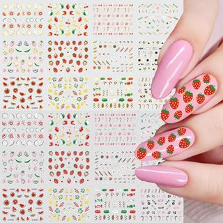 24 Sheets Fruit Nail Art Stickers, Summer Hot Stamping Gold Silver Strawberry Watermelon Lemon 3d Self-Adhesive Nail Art Decals, Diy Manicure Decoration Supplies Accessories for Women Girls