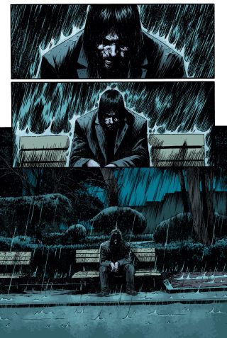 Art by Alessandro Vitti and colorist Bill Crabtree, a play on Reeves iconic park bench meme