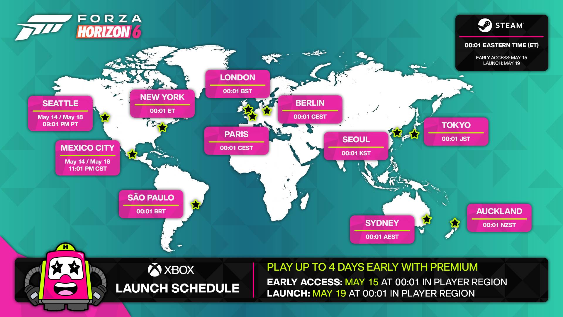 Forza Horizon 6 global release times map for Xbox and Steam, showing early access starting on the May 15 and the full launch on May 19