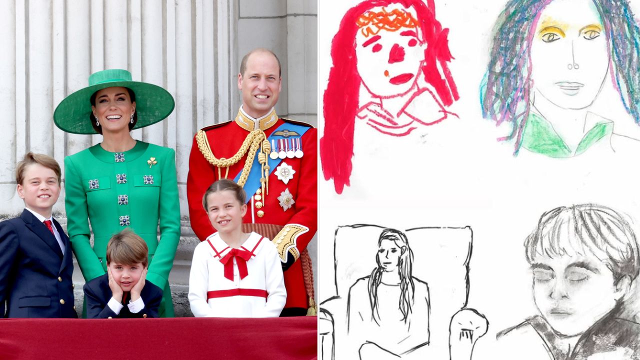 Princess Kate wears a green hat and matching outfit and stands on the Buckingham Palace balcony with Prince George, Princess Charlotte, Prince Louis, and Prince William