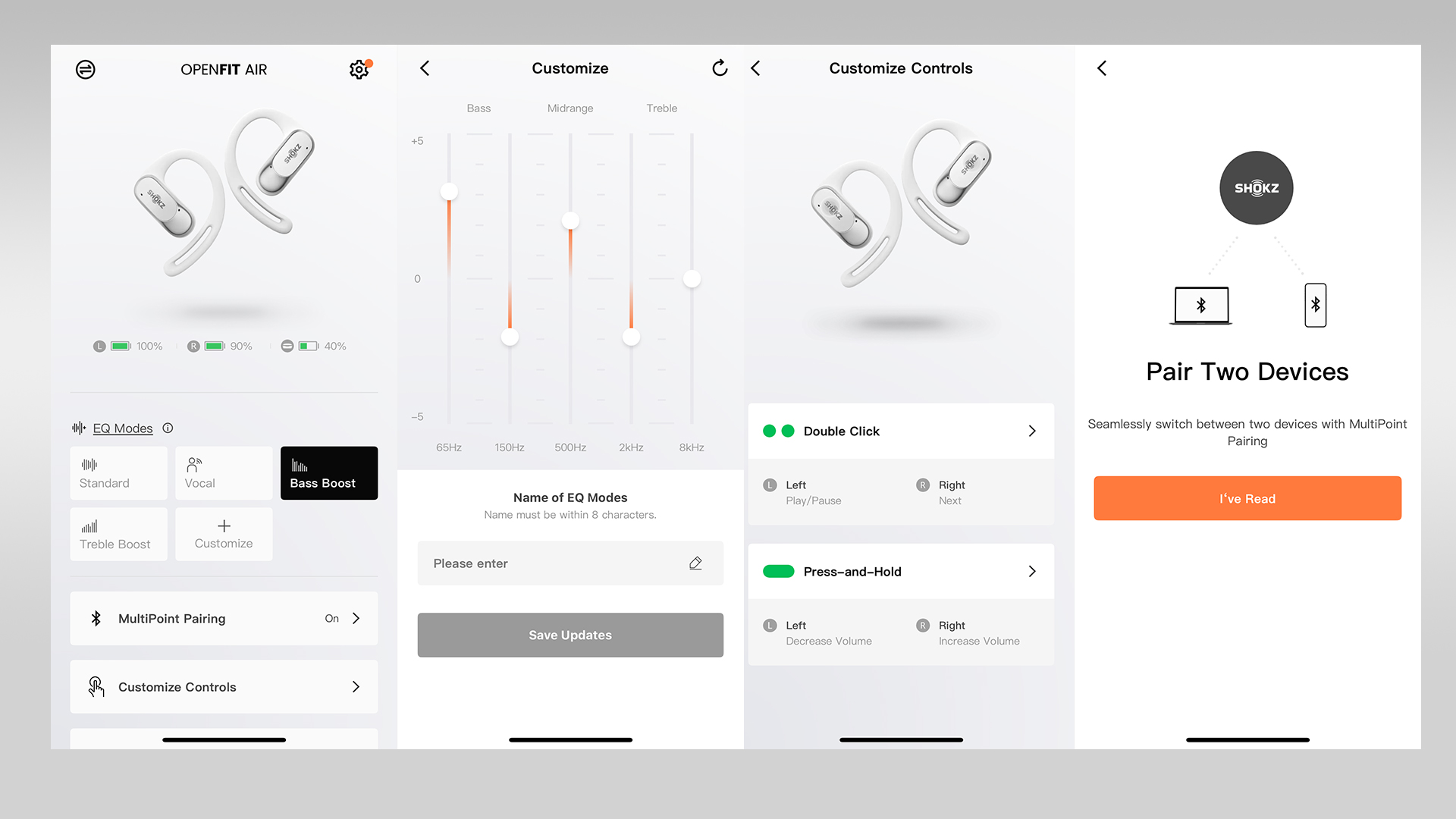 Four screenshots from the Shokz app on iOS