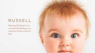 A surprised looking red-headed baby alongside the unpopular baby name meaning of Russell one of the many unpopular baby names