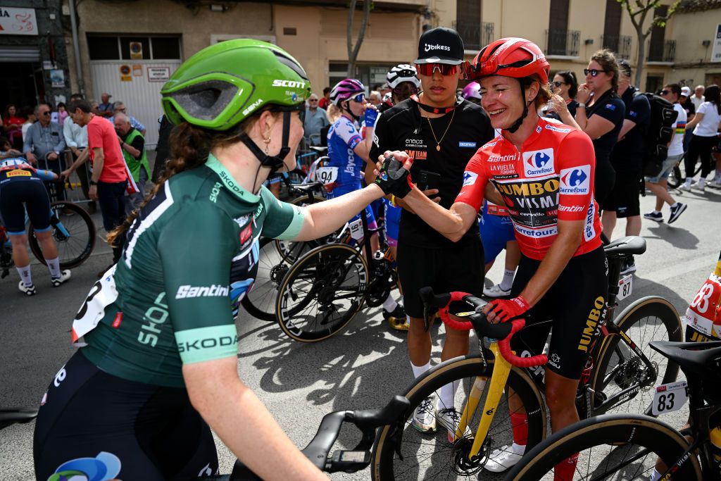 LA RODA SPAIN MAY 03 LR Charlotte Kool of The Netherlands and Team DSM Green points jersey on second place and stage winner Marianne Vos of The Netherlands and Team JumboVisma Red Leader Jersey react after 9th La Vuelta Femenina 2023 Stage 3 a 1578km stage from Elche de la Sierra to La Roda UCIWWT on May 03 2023 in La Roda Spain Photo by Dario BelingheriGetty Images