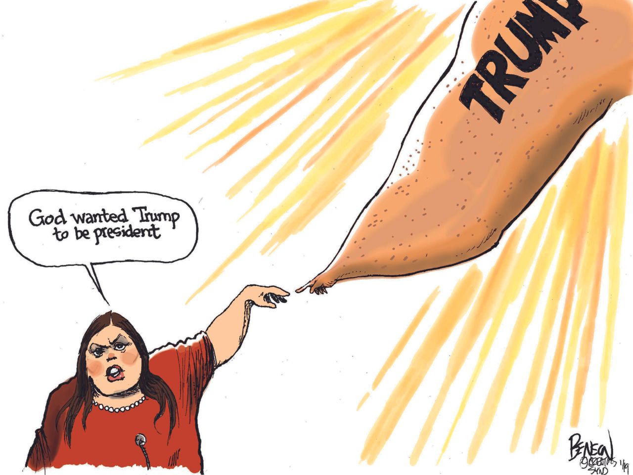 Political Cartoon U.S. Sara Huckabee Sanders Trump God