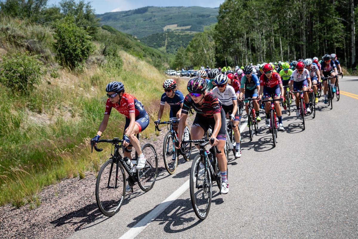 Riders near the top of the QOM on stage 1 of the Colorado Classic on August 22, 2019 in Steamboat Springs, Colorado.