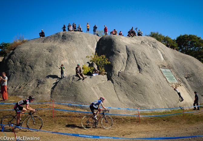 Helen Wyman (Kona Factory Racing) heading past the big rock with Gabby Durrin close behind