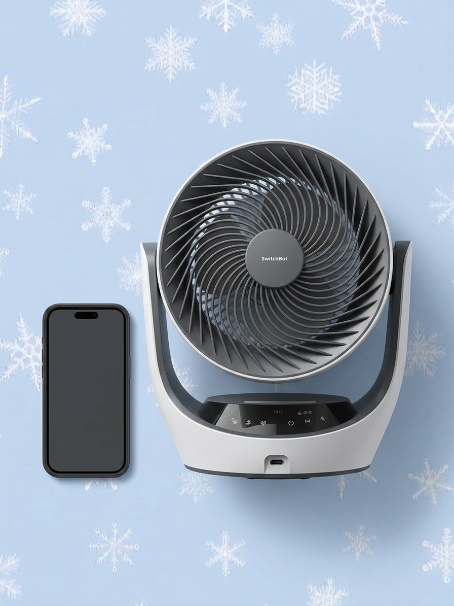 SwitchBot fan on blue background with white snowflakes
