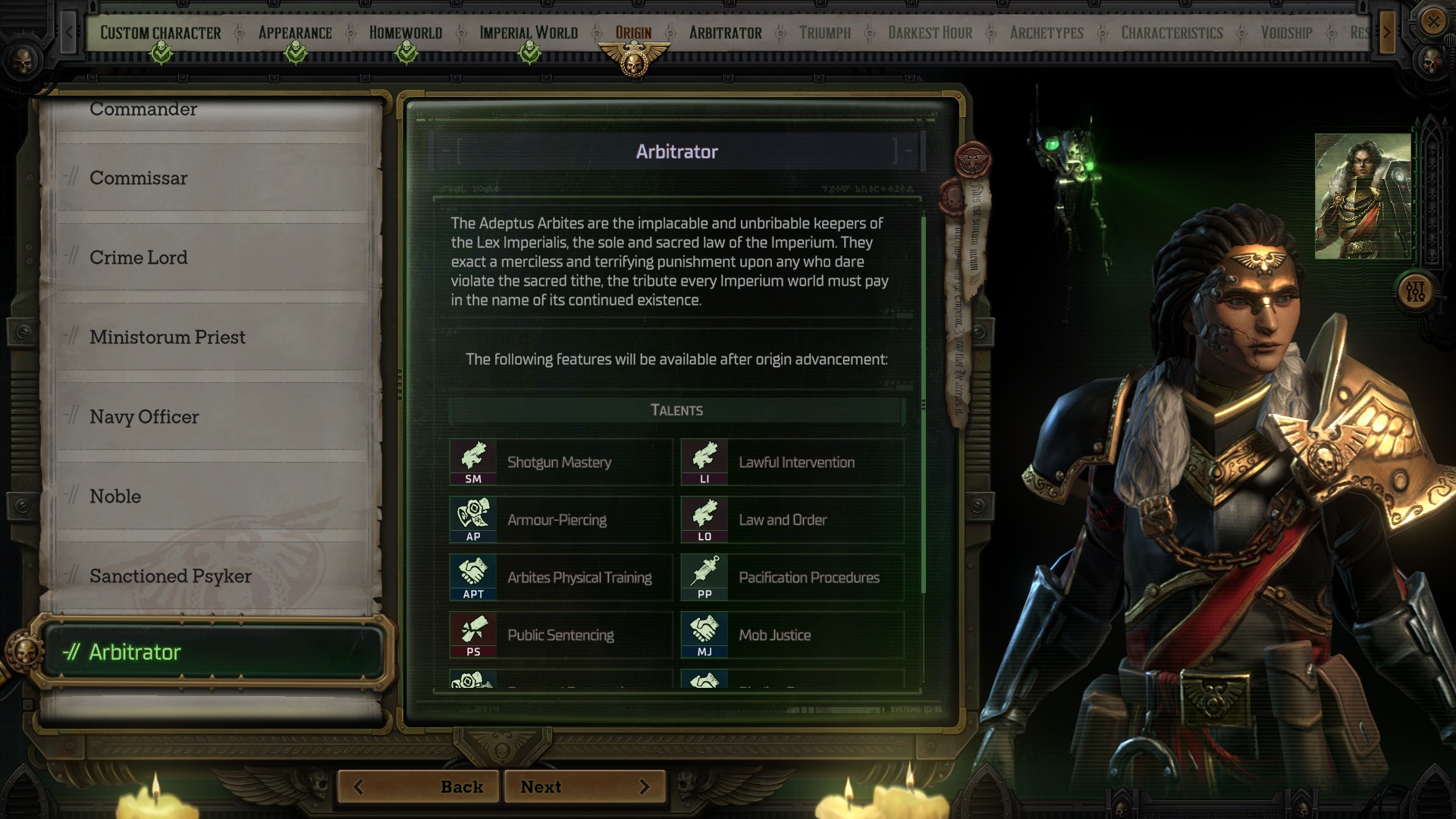 In-game screenshot of the player creating a character with the Arbitrator Origin