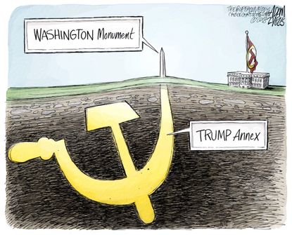 Political cartoon U.S. hidden agenda Washington Monument Trump annex Mueller probe Russia collusion