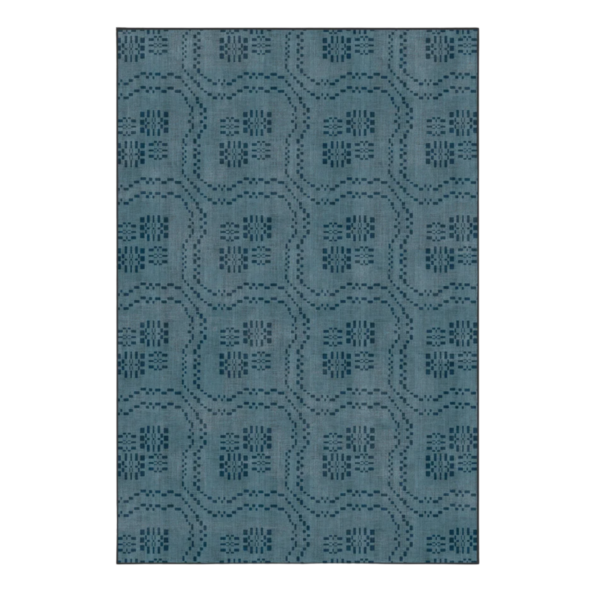 a blue rug with a graphic motif