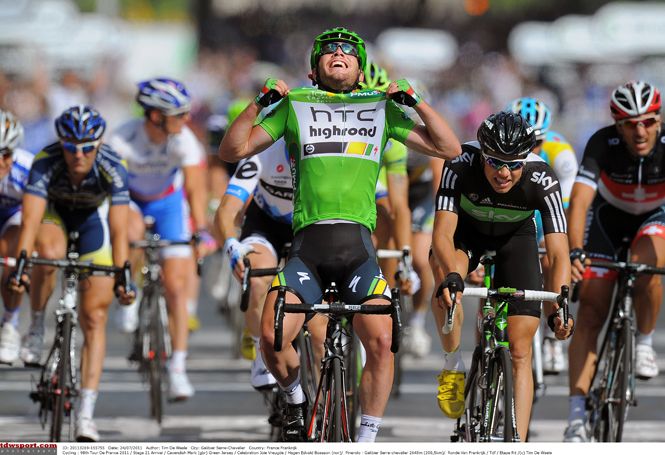 Cavendish winning on the Champs Elysees in the green jersey
