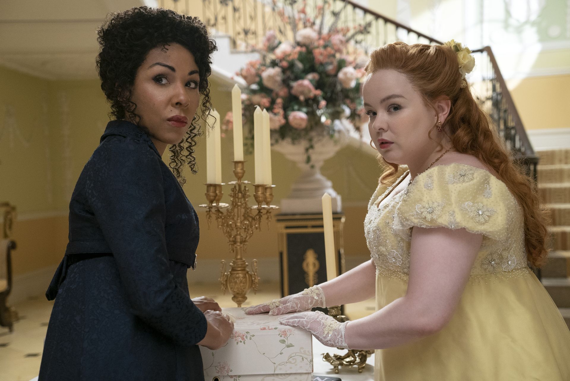 Genevieve and Penelope Featherington in Bridgerton seaosn 2