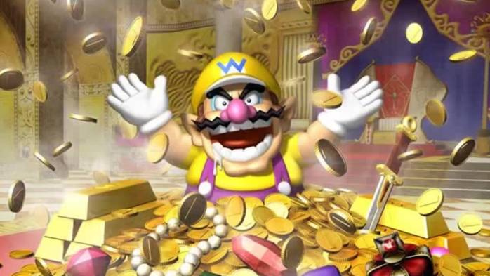 Wario sitting in a pile of money