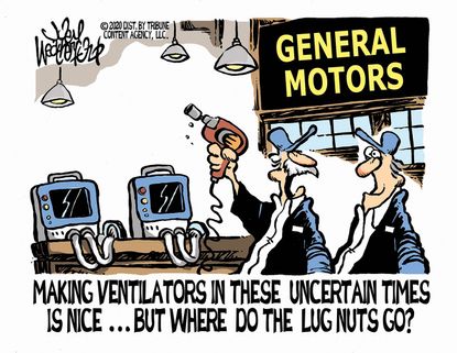 Editorial Cartoon U.S. General Motors makes ventilators coronavirus crisis lug nuts mishap