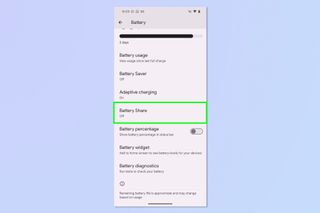 A screenshot showing how to enable battery share on Google Pixel phones