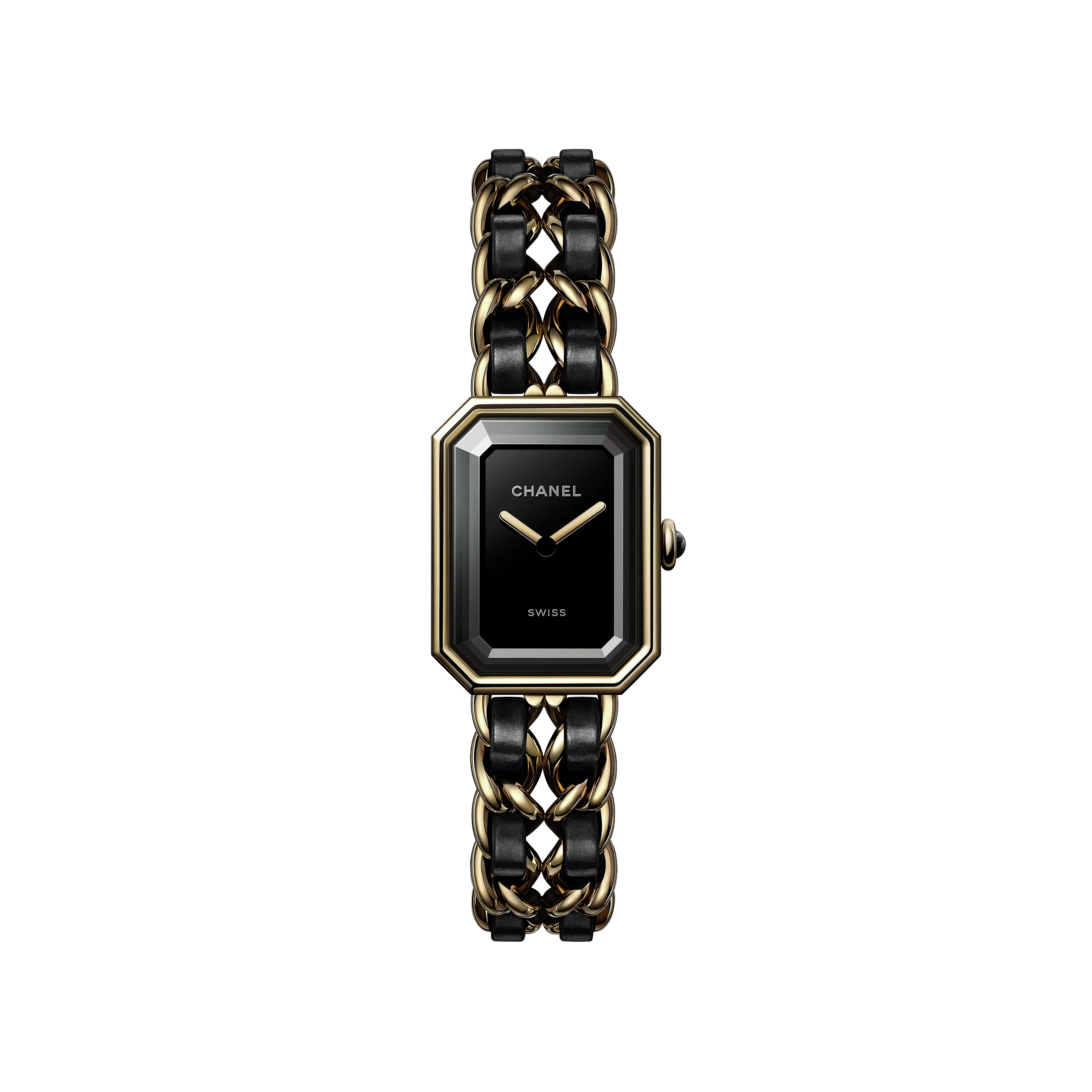 Chanel, Premi&amp;egrave;re Iconic Chain Watch in Steel Coated with Yellow Gold and Black Leather