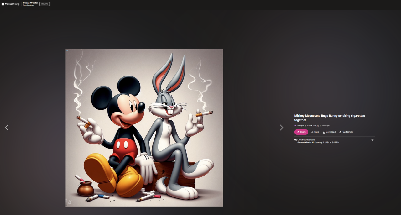 Mickey Mouse and Bugs Bunny Smoking, Generated by Bing